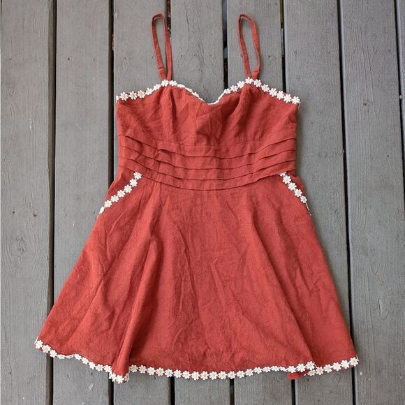 Unique Vintage Burnt Orange Daisy Chain Fit & Flare Mini Dress 14‎ Retro 1950s - Picture 1 of 8